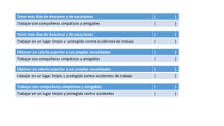 Tener mas días de descanzo y de vacaciones ( )
Trabajar con compañeros simpáticos y amigables ( )
Tener mas días de descanzo y de vacaciones ( )
Trabajar en un lugar limpio y protegido contra accidentes de trabajo ( )
Obtener un salario superior a sus propias necesidades ( )
trabajar en un lugar limpio y protegido contra accidentes de trabajo ( )
Obtener un salario superior a sus propias necesidades ( )
Trabajar con compañeros simpáticos y amigables ( )
Trabajar con compañeros simpáticos y amigables ( )
Trabajar en un lugar limpio y protegido contra accidentes ( )
 