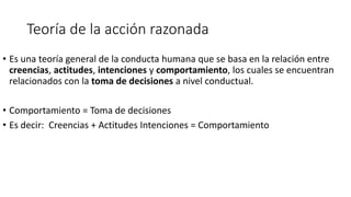 Teoría de la acción razonada
• Es una teoría general de la conducta humana que se basa en la relación entre
creencias, actitudes, intenciones y comportamiento, los cuales se encuentran
relacionados con la toma de decisiones a nivel conductual.
• Comportamiento = Toma de decisiones
• Es decir: Creencias + Actitudes Intenciones = Comportamiento
 