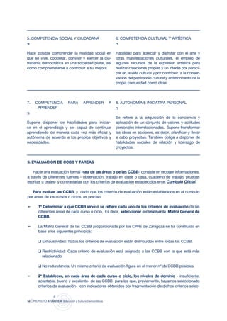 5. COMPETENCIA SOCIAL Y CIUDADANA                                  6. COMPETENCIA CULTURAL Y ARTÍSTICA
r                                                                  r


Hace posible comprender la realidad social en                      Habilidad para apreciar y disfrutar con el arte y
que se vive, cooperar, convivir y ejercer la ciu-                  otras manifestaciones culturales, el empleo de
dadanía democrática en una sociedad plural, así                    algunos recursos de la expresión artística para
como comprometerse a contribuir a su mejora.                       realizar creaciones propias y un interés por partici-
                                                                   par en la vida cultural y por contribuir a la conser-
                                                                   vación del patrimonio cultural y artístico tanto de la
                                                                   propia comunidad como otras.




7.     COMPETENCIA             PARA         APRENDER           A   8. AUTONOMÍA E INICIATIVA PERSONAL
        APRENDER                                                   r
r
                                                                   Se refiere a la adquisición de la conciencia y
Supone disponer de habilidades para iniciar-                       aplicación de un conjunto de valores y actitudes
se en el aprendizaje y ser capaz de continuar                      personales interrelacionadas. Supone transformar
aprendiendo de manera cada vez más eficaz y                        las ideas en acciones, es decir, planificar y llevar
autónoma de acuerdo a los propios objetivos y                      a cabo proyectos. También obliga a disponer de
necesidades.                                                       habilidades sociales de relación y liderazgo de
                                                                   proyectos.


9. EVALUACIÓN DE CCBB Y TAREAS

    Hacer una evaluación formal -sea de las áreas o de las CCBB- consiste en recoger informaciones,
a través de diferentes fuentes - observación, trabajo en clase o casa, cuaderno de trabajo, pruebas
escritas u orales- y contrastarlas con los criterios de evaluación establecidos en el Currículo Oficial.

   Para evaluar las CCBB, y dado que los criterios de evaluación están establecidos en el currículo
por áreas de los cursos o ciclos, es preciso:

➢        1º Determinar a que CCBB sirve o se refiere cada uno de los criterios de evaluación de las
         diferentes áreas de cada curso o ciclo. Es decir, seleccionar o construir la Matriz General de
         CCBB.

➢        La Matriz General de las CCBB proporcionada por los CPRs de Zaragoza se ha construido en
         base a los siguientes principios:

         q Exhaustividad: Todos los criterios de evaluación están distribuidos entre todas las CCBB.

         q Restrictividad: Cada criterio de evaluación está asignado a las CCBB con la que está más
           relacionado.

         q No redundancia: Un mismo criterio de evaluación figura en el menor nº de CCBB posibles.

➢        2º Establecer, en cada área de cada curso o ciclo, los niveles de dominio - insuficiente,
         aceptable, bueno y excelente- de las CCBB para las que, previamente, hayamos seleccionado
         criterios de evaluación- con indicadores obtenidos por fragmentación de dichos criterios selec-


56   | proyecto atlántida   educación y cultura democráticas
 