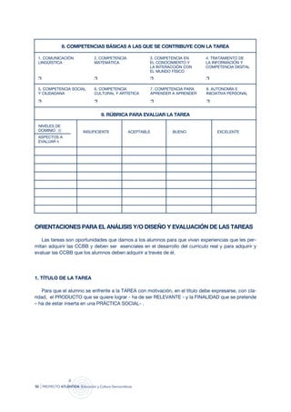 8. COMPETENCIAS BÁSICAS A LAS QUE SE CONTRIBUYE CON LA TAREA

 1. COMUNICACIÓN                    2. COMPETENCIA               3. COMPETENCIA EN         4. TRATAMIENTO DE
 LINGÜÍSTICA                        MATEMÁTICA                   EL CONOCIMIENTO Y         LA INFORMACIÓN Y
                                                                 LA INTERACCIÓN CON        COMPETENCIA DIGITAL
                                                                 EL MUNDO FÍSICO
 r                                  r                                r                     r

 5. COMPETENCIA SOCIAL              6. COMPETENCIA                   7. COMPETENCIA PARA   8. AUTONOMÍA E
 Y CIUDADANA                        CULTURAL Y ARTÍSTICA             APRENDER A APRENDER   INICIATIVA PERSONAL

 r                                  r                                r                     r


                                        9. RÚBRICA PARA EVALUAR LA TAREA

 NIVELES DE
 DOMINIO 4                   INSUFICIENTE                ACEPTABLE            BUENO             ExCELENTE
 ASPECTOS A
 EVALUAR 6




ORIENTACIONES PARA EL ANÁLISIS Y/O DISEÑO Y EVALUACIÓN DE LAS TAREAS

   Las tareas son oportunidades que damos a los alumnos para que vivan experiencias que les per-
mitan adquirir las CCBB y deben ser esenciales en el desarrollo del currículo real y para adquirir y
evaluar las CCBB que los alumnos deben adquirir a través de él.




1. TÍTULO DE LA TAREA

    Para que el alumno se enfrente a la TAREA con motivación, en el título debe expresarse, con cla-
ridad, el PRODUCTO que se quiere lograr - ha de ser RELEVANTE - y la FINALIDAD que se pretende
– ha de estar inserta en una PRÁCTICA SOCIAL- .




50   | proyecto atlántida   educación y cultura democráticas
 