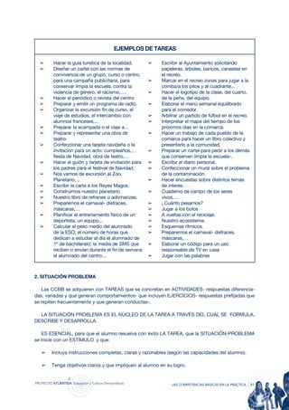 EJEMPLOS DE TAREAS

  ➢       Hacer la guía turística de la localidad.      ➢   Escribir al Ayuntamiento solicitando
  ➢       Diseñar un cartel con las normas de               papeleras, árboles, bancos, canastas en
          convivencia de un grupo, curso o centro,          el recreo.
          para una campaña publicitaria, para           ➢   Marcar en el recreo zonas para jugar a la
          conservar limpia la escuela, contra la            comba/a los pitos y al cuadrante,..
          violencia de género, el racismo,….            ➢   Hacer el logotipo de la clase, del cuarto,
  ➢       Hacer el periódico o revista del centro           de la peña, del equipo.
  ➢       Preparar y emitir un programa de radio.       ➢   Elaborar el menú semanal equilibrado
  ➢       Organizar la excursión fin de curso, el           para el comedor.
          viaje de estudios, el intercambio con         ➢   Arbitrar un partido de fútbol en el recreo.
          alumnos franceses,...                         ➢   Interpretar el mapa del tiempo de los
  ➢       Preparar la acampada o el viaje a…                próximos días en la comarca.
  ➢       Preparar y representar una obra de            ➢   Hacer un trabajo de cada pueblo de la
          teatro.                                           comarca para hacer un libro colectivo y
  ➢       Confeccionar una tarjeta navideña o la            presentarlo a la comunidad.
          invitación para un acto: cumpleaños,…         ➢   Preparar un cartel para pedir a los demás
          fiesta de Navidad, obra de teatro,…               que conserven limpia la escuela-.
  ➢       Hacer el guión y tarjeta de invitación para   ➢   Escribir el diario personal.
          los padres para el festival de Navidad.       ➢   Confeccionar un mural sobre el problema
  ➢       Nos vamos de excursión al Zoo,                    de la contaminación.
          Planetario, ..                                ➢   Hacer encuestas sobre distintos temas
  ➢       Escribir la carta a los Reyes Magos.              de interés.
  ➢       Construimos nuestro planetario                ➢   Cuaderno de campo de los seres
  ➢       Nuestro libro de refranes o adivinanzas.          vivos,…
  ➢       Preparemos el carnaval- disfraces,            ➢   ¡ Cuánto pesamos?
          máscaras,…                                    ➢   Jugar a los bolos
  ➢       Planificar el entrenamiento físico de un      ➢   A vueltas con el reciclaje.
          deportista, un equipo,..                      ➢   Nuestro ecosistema.
  ➢       Calcular el peso medio del alumnado           ➢   Esquemas rítmicos.
          de la ESO; el número de horas que             ➢   Preparemos el carnaval- disfraces,
          dedican a estudiar al día el alumnado de          máscaras,…
          1º de bachillerato; la media de SMS que       ➢   Elaborar un código para un uso
          reciben o envían durante el fin de semana         responsable de TV en casa
          el alumnado del centro…                       ➢   Jugar con las palabras



2. SITUACIÓN PROBLEMA

   Las CCBB se adquieren con TAREAS que se concretan en ACTIVIDADES- respuestas diferencia-
das, variadas y que generan comportamientos- que incluyen EJERCICIOS- respuestas prefijadas que
se repiten frecuentemente y que generan conductas-.

  LA SITUACIÓN PROBLEMA ES EL NÚCLEO DE LA TAREA A TRAVÉS DEL CUAL SE FORMULA,
DESCRIBE Y DESARROLLA.

   ES ESENCIAL, para que el alumno resuelva con éxito LA TAREA, que la SITUACIÓN-PROBLEMA
se inicie con un ESTÍMULO y que:

   ➢     Incluya instrucciones completas, claras y razonables (según las capacidades del alumno).

   ➢     Tenga objetivos claros y que impliquen al alumno en su logro.


proyecto atlántida educación y cultura democráticas             las competencias básicas en la práctica   | 51
 