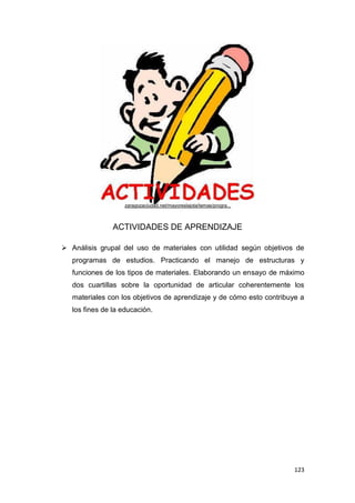 123
ACTIVIDADES DE APRENDIZAJE
 Análisis grupal del uso de materiales con utilidad según objetivos de
programas de estudios. Practicando el manejo de estructuras y
funciones de los tipos de materiales. Elaborando un ensayo de máximo
dos cuartillas sobre la oportunidad de articular coherentemente los
materiales con los objetivos de aprendizaje y de cómo esto contribuye a
los fines de la educación.
zaragozaciudad.net/mayoreslajota/temas/progra...
 