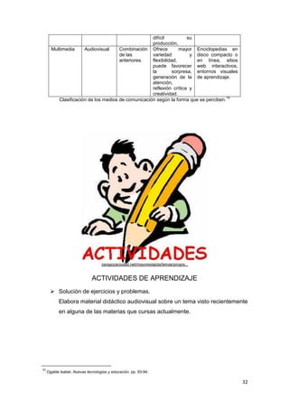 32
difícil su
producción,
Multimedia Audiovisual Combinación
de las
anteriores.
Ofrece mayor
variedad y
flexibilidad,
puede favorecer
la sorpresa,
generación de la
atención,
reflexión crítica y
creatividad.
Enciclopedias en
disco compacto o
en línea, sitios
web interactivos,
entornos visuales
de aprendizaje.
Clasificación de los medios de comunicación según la forma que se perciben.
10
ACTIVIDADES DE APRENDIZAJE
 Solución de ejercicios y problemas.
Elabora material didáctico audiovisual sobre un tema visto recientemente
en alguna de las materias que cursas actualmente.
10
Ogalde Isabel, Nuevas tecnologías y educación, pp. 93-94.
zaragozaciudad.net/mayoreslajota/temas/progra...
 