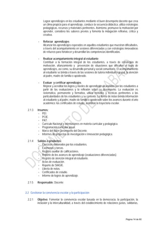Lograr aprendizajes en los estudiantes mediante el buen desempeño docente que crea
un clima propicio para el aprendizaje, conduce la secuencia didáctica, utiliza estrategias
pedagógicas, recursos y materiales pertinentes. Asimismo, promueve la motivación por
aprender, considera los saberes previos y fomenta la indagación reflexiva, crítica y
creativa.
- Reforzar aprendizajes
Alcanzar los aprendizajes esperados en aquellos estudiantes que muestran dificultades,
a través del acompañamiento en sesiones diferenciadas y con estrategias innovadoras
de refuerzo para fortalecer y desarrollar las competencias identificadas.
- Realizar acompañamiento integral al estudiante
Contribuir a la formación integral de los estudiantes, a través de estrategias de
motivación, afianzamiento y prevención de situaciones que dificulten el logro de
aprendizajes, así como, su desarrollo personal y social comunitario. El acompañamiento
al estudiante se brinda a través de las sesiones de tutoría individual o grupal, la atención
al padre, madre de familia o apoderado.
- Evaluar y certificar aprendizajes
Mejorar y acreditar los logros y niveles de aprendizaje alcanzados por los estudiantes a
partir de las evaluaciones y la reflexión sobre su desempeño. La evaluación es
sistemática, permanente y formativa, utiliza métodos y técnicas pertinentes a las
particularidades de los estudiantes y su contexto. La libreta de notas brinda información
al estudiante y al padre, madre de familia o apoderado sobre los avances durante el año
académico; los certificados de estudio, acreditan la trayectoria escolar.
2.1.3 Insumos:
- PEI.
- PCIE.
- PAT.
- Currículo Nacional y orientaciones en materia curricular y pedagógica.
- Programación curricular anual.
- Marco del Buen Desempeño del Docente.
- Informes de proyectos de investigación e innovación pedagógica.
2.1.4 Salidas o productos:
- Ejercicios elaborados por los estudiantes.
- Exámenes y tareas.
- Registro auxiliar de calificaciones.
- Reporte de los avances de aprendizaje (evaluaciones diferenciadas).
- Registro de atención integral al estudiante.
- Actas de evaluación.
- Reporte de SIAGIE.
- Libreta de notas.
- Certificados de estudio.
- Informe de logros de aprendizaje.
2.1.5 Responsable: Docente
2.2 Gestionar la convivencia escolar y la participación
2.2.1 Objetivo: Fomentar la convivencia escolar basada en la democracia, la participación, la
inclusión y la interculturalidad, a través del establecimiento de relaciones justas, solidarias,
Página 14 de 60
 