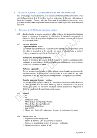 3 PROCESO DE SOPORTE AL FUNCIONAMIENTO DE LA INSTITUCIÓN EDUCATIVA
Está constituido por procesos de soporte, en lo que se desarrollan las actividades necesarias para el
correcto funcionamiento de la IE, siendo el apoyo de los procesos de Dirección y Liderazgo y de
Desarrollo Pedagógico y Convivencia Escolar. Se encargan de la administración de recursos, bienes
y servicios de manera oportuna y eficiente optimizando su uso para la mejora de la calidad del servicio
educativo.
3.1 Proceso de nivel 0: Administrar los recursos humanos
3.1.1 Objetivo: Brindar un servicio educativo de calidad mediante la organización de la jornada
laboral; el monitoreo al desempeño y el fortalecimiento de capacidades que garantiza la
disposición, el buen desempeño y el cumplimiento de las labores, en el marco de las normas
sectoriales y nacionales.
3.1.2 Procesos del nivel 1:
- Organizar la jornada laboral.
Garantizar la provisión del servicio educativo mediante la distribución y asignación del horario
de trabajo al personal de la IE, teniendo en cuenta la calendarización y las horas
pedagógicas señaladas en el Plan de Estudios de la IE.
- Monitorear el desempeño y rendimiento.
Mejorar el desempeño del personal de la IE mediante el monitoreo, acompañamiento y
evaluación a sus actividades, identificando fortalezas y debilidades para tomar decisiones
en función a su rendimiento laboral.
- Fortalecer capacidades
Generar un impacto positivo sobre la calidad del servicio educativo y los aprendizajes de los
estudiantes a través de la implementación de estrategias de fortalecimiento de capacidades
del personal de la IE que propicie su desarrollo profesional y la mejora en su desempeño.
- Reportar asistencia, licencias y permisos
Garantizar la provisión de personal en la IE y el cumplimiento de la jornada laboral mediante
el control y reporte de la asistencia, permisos y licencias otorgados sin o con goce de
haberes, para contar con información actualizada sobre la disponibilidad del personal en
función al cumplimiento de las actividades programadas.
3.1.3 Insumos:
- PAT
- RI.
- Diagnóstico de la IE.
- Marco de Buen Desempeño del Directivo.
- Marco de Buen Desempeño Docente.
- Ley de Reforma Magisterial.
- Ley SERVIR.
- Manual sobre Régimen Disciplinario para Directores de Instituciones Educativas.
3.1.4 Salidas/ Productos:
- Registro de asistencia de personal.
- Informe de monitoreo sobre el desempeño del personal.
- Informes de ejecución de programas de formación y certificación.
- Horarios de trabajo del personal de la IE.
Página 16 de 60
 