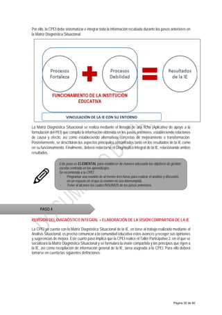 Por ello, la CPEI debe sistematizar e integrar toda la información recabada durante los pasos anteriores en
la Matriz Diagnóstica Situacional.
La Matriz Diagnóstica Situacional se realiza mediante el llenado de una ficha (Aplicativo de apoyo a la
formulación del PEI) que compila la información obtenida en los pasos anteriores, estableciendo relaciones
de causa y efecto, así como estableciendo alternativas concretas de mejoramiento o transformación.
Posteriormente, se describirán los aspectos principales encontrados tanto en los resultados de la IE como
en su funcionamiento. Finalmente, deberá redactarse el Diagnóstico Integral de la IE, relacionando ambos
resultados.
REVISIÓN DEL DIAGNÓSTICO INTEGRAL + ELABORACIÓN DE LA VISIÓN COMPARTIDA DE LA IE
La CPEI ya cuenta con la Matriz Diagnóstica Situacional de la IE, en base al trabajo realizado mediante el
Análisis Situacional, es preciso comunicar a la comunidad educativa estos avances y recoger sus opiniones
y sugerencias de mejora. Este cuarto paso implica que la CPEI realice el Taller Participativo 2, en el que se
socializará la Matriz Diagnóstica Situacional y se formulará la visión compartida y los principios que rigen a
la IE, así como recopilación de información general de la IE, tarea asignada a la CPEI. Para ello deberá
tomarse en cuenta las siguientes definiciones:
PASO 4
Este paso es ELEMENTAL para establecer de manera adecuada los objetivos de gestión
escolar centrada en los aprendizajes.
Se recomienda a la CPEI:
- Programar una reunión de al menos tres horas para realizar el análisis y discusión,
en un espacio en el que la reunión no sea interrumpida.
- Tener al alcance los cuatro INSUMOS de los pasos anteriores.
VINCULACIÓN DE LA IE CON SU ENTORNO
Página 35 de 60
 