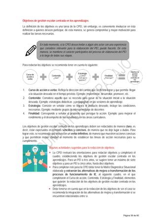 Objetivos de gestión escolar centrada en los aprendizajes
La definición de los objetivos es una tarea de la CPEI, sin embargo, es conveniente involucrar en ésta
definición a quienes deseen participar, de esta manera, se genera compromiso y mayor motivación para
realizar las tareas necesarias.
Para redactar los objetivos se recomienda tener en cuenta lo siguiente:
1. Curso de acción o verbo: Refleja la dirección del cambio que se desea lograr y que permita llegar
a la situación deseada en el tiempo previsto. Ejemplo: implementar, desarrollar, promover, etc.
2. Contenido: Considera aquello que se necesita para pasar de la situación inicial a la situación
deseada. Ejemplo: estrategias didácticas y pedagógicas en las sesiones de aprendizaje.
3. Estrategia: Consiste en señalar cómo se logrará el producto deseado, incluye las condiciones
necesarias. Ejemplo: mediante grupos de interaprendizaje de docentes
4. Finalidad: Corresponde a señalar el propósito que persigue la acción. Ejemplo: para mejorar el
rendimiento y el desempeño de los estudiantes en las áreas curriculares.
Los objetivos de gestión escolar centrada en los aprendizajes deben ser redactados de manera clara, es
decir, estar expresados en términos sencillos y concisos, de manera que no deje lugar a dudas. Para
lograr esto, se recomienda que inicien con un verbo infinitivo, de manera que muestren acciones concisas
y que permitirán mayor claridad al momento de establecer las líneas de acción necesarias para su
cumplimiento.
Algunas actividades sugeridas para la redacción de objetivos:
 La CPEI revisará las orientaciones para redactar objetivos y completará el
cuadro, estableciendo los objetivos de gestión escolar centrada en los
aprendizajes. Para un PEI a tres años, se sugiere tener un máximo de siete
objetivos y para un PEI a cinco años, hasta diez objetivos.
 Para completar este paso la CPEI debe tener la Matriz Diagnóstica Situacional
elaborada y extraerán las alternativas de mejora o transformación de los
procesos de funcionamiento de IE, al siguiente cuadro, en el que
completarán el Curso de acción, Contenido, Estrategia y Finalidad, elementos
que guiarán la redacción de los objetivos de gestión escolar centrada en los
aprendizajes.
 Debe tenerse en cuenta que en la redacción de los objetivos de ser el caso se
recomienda la integración de las alternativas de mejora y transformación si se
encuentran relacionadas entre sí.
En todo momento, si la CPEI desea invitar a algún otro actor con una experiencia
que considere relevante para la elaboración del PEI, puede hacerlo. De esta
manera, se mantiene el carácter participativo del proceso de elaboración del PEI
a lo largo de todas sus etapas.
Curso de
acción o
verbo
Contenido
¿Qué?
Estrategia
¿Cómo?
¿Con qué o
quienes?
Finalidad
¿Para qué?
Objetivo de
gestión
escolar
centrada en
los
aprendizajes
Página 39 de 60
 