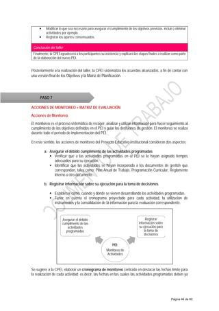  Modificar lo que sea necesario para asegurar el cumplimiento de los objetivos previstos, incluir o eliminar
actividades por ejemplo.
 Registrar los aportes consensuados.
Conclusión del taller
Finalmente, la CPEI agradecerá a los participantes su asistencia y explicará las etapas finales a realizar como parte
de la elaboración del nuevo PEI.
Posteriormente a la realización del taller, la CPEI sistematiza los acuerdos alcanzados, a fin de contar con
una versión final de los Objetivos y la Matriz de Planificación.
ACCIONES DE MONITOREO + MATRIZ DE EVALUACIÓN
Acciones de Monitoreo
El monitoreo es el proceso sistemático de recoger, analizar y utilizar información para hacer seguimiento al
cumplimiento de los objetivos definidos en el PEI y guiar las decisiones de gestión. El monitoreo se realiza
durante todo el período de implementación del PEI.
En este sentido, las acciones de monitoreo del Proyecto Educativo Institucional consideran dos aspectos:
a. Asegurar el debido cumplimento de las actividades programadas
 Verificar que a las actividades programadas en el PEI se le hayan asignado tiempos
adecuados para su ejecución.
 Identificar que las actividades se hayan incorporado a los documentos de gestión que
correspondan, tales como: Plan Anual de Trabajo, Programación Curricular, Reglamento
Interno u otro documento.
b. Registrar información sobre su ejecución para la toma de decisiones
 Establecer cómo, cuándo y dónde se vienen desarrollando las actividades programadas.
 Tener en cuenta el cronograma proyectado para cada actividad, la utilización de
instrumentos y la consolidación de la información para la evaluación correspondiente.
Se sugiere a la CPEI, elaborar un cronograma de monitoreo centrado en destacar las fechas límite para
la realización de cada actividad; es decir, las fechas en las cuales las actividades programadas deben ya
PASO 7
PEI:
Monitoreo de
Actividades
Asegurar el debido
cumplimento de las
actividades
programadas
Registrar
información sobre
su ejecución para
la toma de
decisiones
Página 44 de 60
 