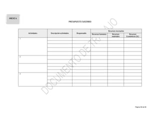 PRESUPUESTO SUGERIDO
Actividades Descripción actividades Responsable
Recursos necesarios
Recursos humanos Recursos
materiales
Recursos
Económicos (S/.)
1.
2.
3.
ANEXO 6
Página 58 de 60
 