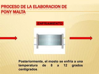 PROCESO DE LA ELABORACION DE
PONY MALTA

                  ENFRIAMIENTO




       Posteriormente, el mosto se enfría a una
       temperatura de 8 a 12 grados
       centígrados.
 