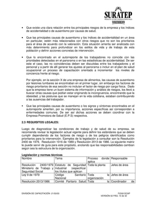 DIVISIÓN DE CAPACITACIÓN 21/03/03 F2332-DCAP
VERSIÓN 02 PÁG. 10 de 32
• Que existe una clara relación entre los principales riesgos de la empresa y los índices
de accidentalidad o de ausentismo por causas de salud.
• Que las principales causas de ausentismo y los índices de accidentalidad en un área
en particular, estén más relacionados con otros riesgos que no son los prioritarios
para el área de acuerdo con la valoración. Esta situación amerita ser analizada con
más detenimiento para profundizar en los estilos de vida y de trabajo de esta
población y definir acciones concretas de intervención.
• Que lo encontrado en el autorreporte de los trabajadores no coincide con las
prioridades detectadas en el panorama o en las estadísticas de accidentalidad. De ser
este el caso, las no coincidencias deben ser discutidas entre los trabajadores y el
personal y a partir de allí generar los ajustes al panorama o incluir en el plan de salud
ocupacional un proceso de capacitación orientado a incrementar los niveles de
conciencia frente al riesgo.
Por ejemplo, en la sección X de una empresa de alimentos, las causas de ausentismo
por lesiones lumbares se encontraban en el primer lugar, sin embargo los factores de
riesgo prioritarios de esa sección no incluían el factor de riesgo por carga física. Dado
que la empresa tiene un buen sistema de información y análisis de riesgos, los llevó a
buscar otras causas que podían estar originando la incongruencia, encontrando que la
obesidad, y las posturas que se manejan en la vida cotidiana, estaban contribuyendo
a las ausencias del trabajador.
Que las principales causas de ausentismo o los signos y síntomas encontrados en el
autorreporte ameriten, por su importancia, acciones específicas así correspondan a
enfermedades comunes. De ser así dichas acciones se deben coordinar con la
Empresa Promotora de Salud (E.P.S) respectiva.
2.3 REQUISITOS LEGALES:
Luego de diagnosticar las condiciones de trabajo y de salud de su empresa, se
recomienda revisar la legislación actual vigente para definir los estándares que se deben
cumplir dependiendo de los factores de riesgo o de los peligros identificados como
prioritarios para la intervención. Ejemplos de la legislación a consultar son la Resolución
2400 de 1979, Resolución 1016 de 1989 y Resolución 2013 de 1986. La siguiente matriz
le puede servir de guía para este propósito, anotando que las responsabilidades cambian
según sea la estructura de la organización.
Legislación y normas técnicas
Nombre Tema Proceso donde
aplica
Responsable
Resolución 2400/1979
Ministerio de Trabajo y
Seguridad Social
Estatuto de Seguridad
Industrial (especificar
los títulos que aplican
Toda la planta Jefes de área
Ley 9 de 1979 Código Sanitario
Nacional
Toda la
organización
Jefes de área
Resolución 2013/1986 Comité Paritario Salud Toda la Coordinador de
 