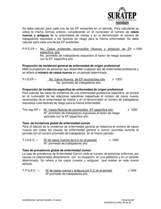 DIVISIÓN DE CAPACITACIÓN 21/03/03 F2332-DCAP
VERSIÓN 02 PÁG. 24 de 32
Se debe calcular para cada una de las EP existentes en un periodo. Para calcularlas se
utiliza la misma fórmula anterior, considerando en el numerador el número de casos
nuevos y antiguos de la enfermedad de interés y en el denominador el número de
trabajadores expuestos a los factores de riesgo para la misma enfermedad. Se debe
calcular para cada una de las EP existentes.
P.P.E.EP = No. Casos existentes reconocidos (Nuevos y antiguos) de EP
específica año
x 1000
No. promedio de trabajadores expuestos al factor de riesgo asociado
con la EP específica año.
Proporción de incidencia general de enfermedad de origen profesional
Mide la proporción de personas que desarrollan cualquier tipo de enfermedad profesional y
se refiere al número de casos nuevos en un periodo determinado.
P.I.G.EP = No. Casos Nuevos de EP reconocidas año x 1000
No. promedio de trabajadores año
Proporción de incidencia específica de enfermedad de origen profesional
Para calcular las tasas de incidencia de una enfermedad profesional específica, se tomará
en el numerador de las relaciones operativas respectivas el número de casos nuevos
reconocidos de la enfermedad de interés y en el denominador el número de trabajadores
expuestos a los factores de riesgo para la misma enfermedad.
Tinc esp EP = Nº. Casos Nuevos de reconocidos EP específica año x 1000
Nº. promedio de trabajadores expuestos al factor de riesgo
asociado con la EP específica año.
Tasa de Incidencia global de enfermedad común
Para el cálculo de la incidencia de enfermedad general se relaciona el número de casos
nuevos por todas las causas de enfermedad general o común ocurridos durante el
período con el número promedio de trabajadores en el mismo período.
T.I.G.E.C. = Nºde casos nuevos de E.C en el periodo x 1000
Nº. promedio de trabajadores año
Tasa de prevalencia global de enfermedad común
La tasa de prevalencia de Enfermedad Común mide el número de personas enfermas, por
causas no relacionadas directamente con su ocupación, en una población y en un periodo
determinado. Se refiere a los casos (nuevos y antiguos) que existen en este mismo
periodo.
T.P.G.E.C. = Nºde casos nuevos y antiguos por E.C en el periodo x 1000
Nºpromedio de trabajadores año
 
