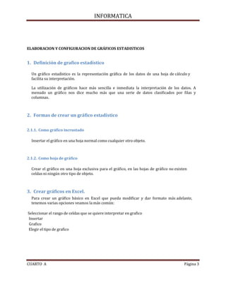 INFORMATICA

ELABORACION Y CONFIGURACION DE GRÁFICOS ESTADISTICOS

1. Definición de grafico estadístico
Un gráfico estadístico es la representación gráfica de los datos de una hoja de cálculo y
facilita su interpretación.
La utilización de gráficos hace más sencilla e inmediata la interpretación de los datos. A
menudo un gráfico nos dice mucho más que una serie de datos clasificados por filas y
columnas.

2. Formas de crear un gráfico estadístico
2.1.1. Como gráfico incrustado
Insertar el gráfico en una hoja normal como cualquier otro objeto.

2.1.2. Como hoja de gráfico
Crear el gráfico en una hoja exclusiva para el gráfico, en las hojas de gráfico no existen
celdas ni ningún otro tipo de objeto.

3. Crear gráficos en Excel.
Para crear un gráfico básico en Excel que pueda modificar y dar formato más adelante,
tenemos varias opciones veamos la más común:
Seleccionar el rango de celdas que se quiere interpretar en grafico
Insertar
Grafico
Elegir el tipo de grafico

CUARTO A

Página 3

 
