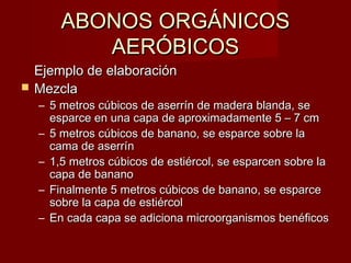 Ejemplo de elaboraciónEjemplo de elaboración
 MezclaMezcla
– 5 metros cúbicos de aserrín de madera blanda, se5 metros cúbicos de aserrín de madera blanda, se
esparce en una capa de aproximadamente 5 – 7 cmesparce en una capa de aproximadamente 5 – 7 cm
– 5 metros cúbicos de banano, se esparce sobre la5 metros cúbicos de banano, se esparce sobre la
cama de aserríncama de aserrín
– 1,5 metros cúbicos de estiércol, se esparcen sobre la1,5 metros cúbicos de estiércol, se esparcen sobre la
capa de bananocapa de banano
– Finalmente 5 metros cúbicos de banano, se esparceFinalmente 5 metros cúbicos de banano, se esparce
sobre la capa de estiércolsobre la capa de estiércol
– En cada capa se adiciona microorganismos benéficosEn cada capa se adiciona microorganismos benéficos
ABONOS ORGÁNICOSABONOS ORGÁNICOS
AERÓBICOSAERÓBICOS
 