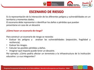 ESCENARIO DE RIESGO
Es la representación de la interacción de los diferentes peligros y vulnerabilidades en un
territorio y momentos dados.
El escenario debe representar e identificar los daños o pérdidas que puedan
presentarse en caso de un desastre
¿Cómo hacer un escenario de riesgo?
Para construir un escenario de riesgo se necesita:
• Evaluar los peligros y analizar las vulnerabilidades (exposición, fragilidad y
resiliencia).
• Evaluar los riesgos.
• Calcular las posibles pérdidas y daños.
• Imaginar qué impacto puede tener un desastre.
Por ejemplo: ¿Cómo podría afectar un terremoto a la infraestructura de la institución
educativa y a sus integrantes?
 
