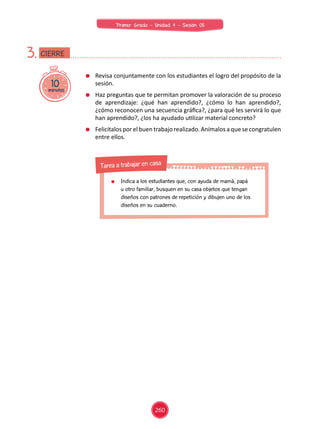 Indica a los estudiantes que, con ayuda de mamá, papá
u otro familiar, busquen en su casa objetos que tengan
diseños con patrones de repetición y dibujen uno de los
diseños en su cuaderno.
Tarea a trabajar en casa
10
minutos
CIERRE
3.
Revisa conjuntamente con los estudiantes el logro del propósito de la
sesión.
Haz preguntas que te permitan promover la valoración de su proceso
de aprendizaje: ¿qué han aprendido?, ¿cómo lo han aprendido?,
¿cómo reconocen una secuencia gráfica?, ¿para qué les servirá lo que
han aprendido?, ¿los ha ayudado utilizar material concreto?
Felicítalos por el buen trabajo realizado. Anímalos a que se congratulen
entre ellos.
260
Primer Grado - Unidad 4 - Sesión 05
 