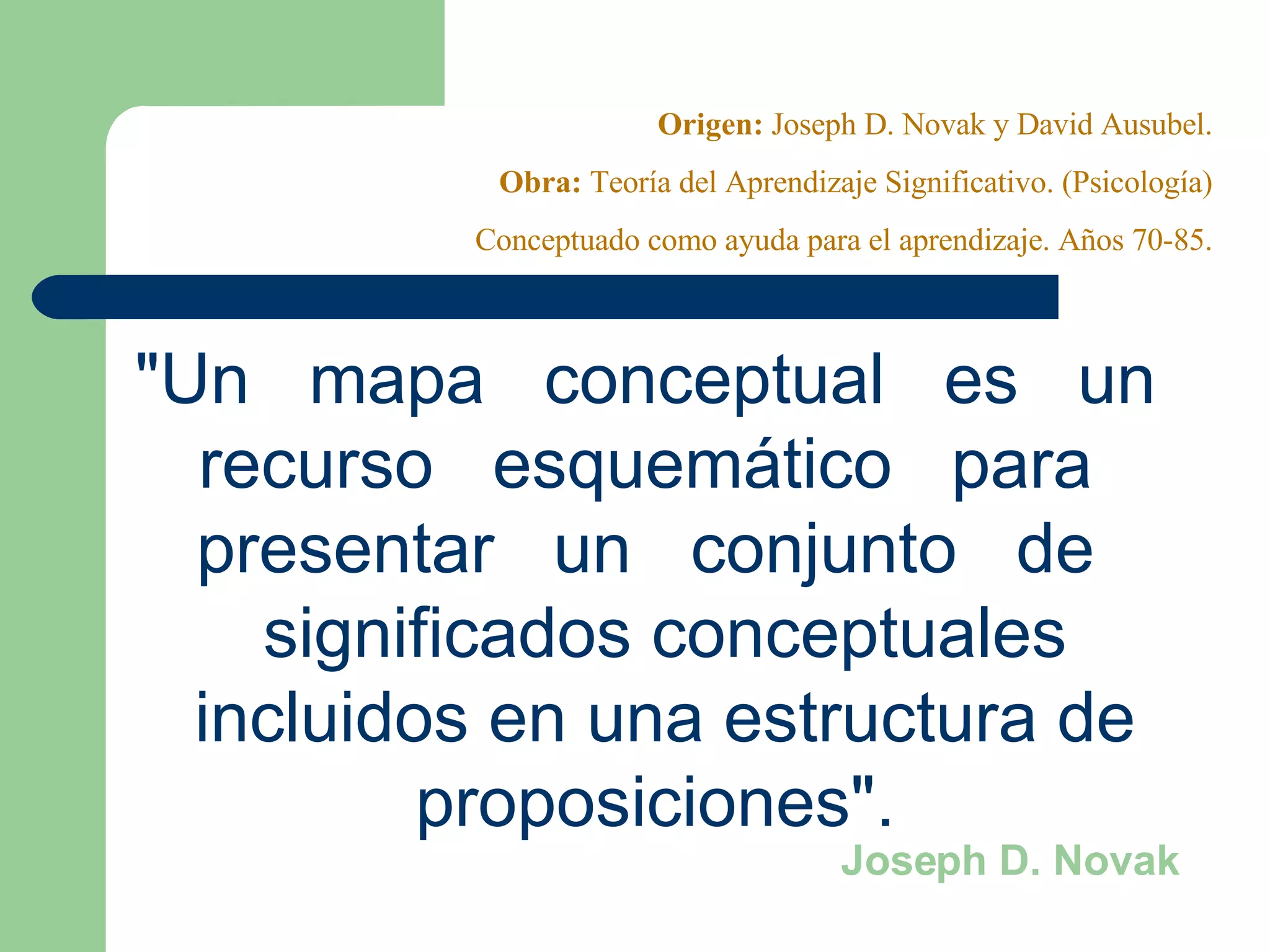 "Un  mapa  conceptual  es  un  recurso  esquemático  para  presentar  un  conjunto  de  significados conceptuales incluidos en una estructura de proposiciones".  Joseph D. Novak Origen:  Joseph D. Novak y David Ausubel. Obra:  Teoría del Aprendizaje Significativo. (Psicología) Conceptuado como ayuda para el aprendizaje. Años 70-85. 