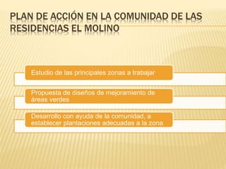 PLAN DE ACCIÓN EN LA COMUNIDAD DE LAS
RESIDENCIAS EL MOLINO
Estudio de las principales zonas a trabajar
Propuesta de diseños de mejoramiento de
áreas verdes
Desarrollo con ayuda de la comunidad, a
establecer plantaciones adecuadas a la zona
 