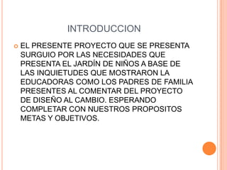 INTRODUCCION
   EL PRESENTE PROYECTO QUE SE PRESENTA
    SURGUIO POR LAS NECESIDADES QUE
    PRESENTA EL JARDÍN DE NIÑOS A BASE DE
    LAS INQUIETUDES QUE MOSTRARON LA
    EDUCADORAS COMO LOS PADRES DE FAMILIA
    PRESENTES AL COMENTAR DEL PROYECTO
    DE DISEÑO AL CAMBIO. ESPERANDO
    COMPLETAR CON NUESTROS PROPOSITOS
    METAS Y OBJETIVOS.
 