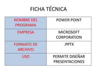 FICHA TÉCNICA
NOMBRE DEL POWER POINT
PROGRAMA
EMPRESA MICROSOFT
CORPORATION
FORMATO DE .PPTX
ARCHIVO
USO PERMITE DISEÑAR
PRESENTACIONES