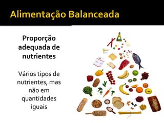 Proporção
adequada de
 nutrientes

Vários tipos de
nutrientes, mas
    não em
 quantidades
     iguais
 
