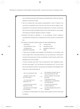 112
Planejamento e elaboração de material didático impresso para EAD - elementos instrucionais e estratégias de ensino
mas que deixamos para falar somente agora que já apresentamos o efeito do excesso de
negativas na clareza de uma frase.
c. “não nos é possível abrir mão, portanto improvavelmente o será”. O “portanto” traz
uma idéia de conseqüência direta; neste caso, não existe este tipo de relação. De fato,
provavelmente nunca abriremos mão da comunicação escrita; no entanto, o motivo disso
não é o fato de que agora não podemos fazê-lo, mas o fato de ela permitir a comunicação
entre pessoas, por exemplo, separadas no tempo e no espaço!
d. facilmente você pode ter detectado 4 - os que apresentam “mente”: atualmente,
improvavelmente, temporalmente e espacialmente. Há mais, mas não os consideraremos
aqui.
Para substituir, você poderia escolher qualquer um deles. Possibilidades são:
- “Atualmente” nos dias de hoje;
- “improvavelmente o será” improvável que seja
- “temporalmente e
espacialmente separadas”
separadas no tempo e no
espaço.
e. “pelo autor da mensagem foram desejados” está valorizando o ato de desejar, e não
o autor. O agente não é o foco desta sentença e, por isso, dizemos que o verbo está em
voz passiva. Para passar para voz ativa: os signiﬁcados e sentido originais, ambos, foram
desejados pelo autor da mensagem.
f. há várias inversões neste trecho: “não nos é possível abrir mão”, “estabelecer, de fato,
entre elas, comunicação”, “nos é não deixarmos de empenharmo-nos”, “no que à busca
por recursos lingüísticos se refere”, “que pelo autor da mensagem foram desejados”. Como
colocá-los em ordem direta? Vamos lá:
- não nos é possível abrir mão
não é possível a nós abrir mão, ou
não é possível abrirmos mão.
- estabelecer, de fato, entre
elas, comunicação
De fato, estabelecer comunicação
entre elas.
- nos é não deixarmos de
empenharmo-nos
É não deixarmos de nos
empenharmos, ou simplesmente,
nos empenharmos!
- no que à busca por recursos
lingüísticos se refere
no que se refere à busca por
recursos lingüísticos.
- que pelo autor da mensagem
foram desejados
que foram desejadas pelo autor da
mensagem.
g. 17 palavras e 5 vírgulas. Quase uma vírgula a cada três palavras. Isso faz a leitura lenta
e monótona.
aula5.indd 112 10/10/2007, 10:00:08 AM
 
