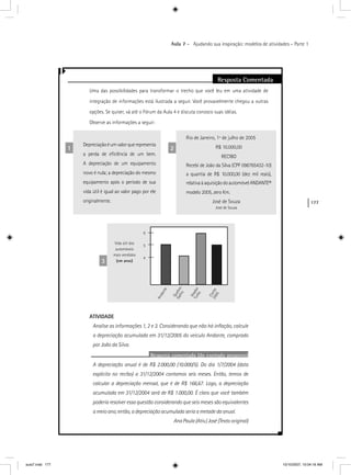 177
Aula 7 – Ajudando sua inspiração: modelos de atividades – Parte 1
Resposta Comentada
Uma das possibilidades para transformar o trecho que você leu em uma atividade de
integração de informações está ilustrada a seguir. Você provavelmente chegou a outras
opções. Se quiser, vá até o Fórum da Aula 4 e discuta conosco suas idéias.
Observe as informações a seguir:
ATIVIDADE
Analise as informações 1, 2 e 3. Considerando que não há inﬂação, calcule
a depreciação acumulada em 31/12/2005 do veículo Andante, comprado
por João da Silva.
Resposta comentada (do exemplo proposto)
A depreciação anual é de R$ 2.000,00 (10.000/5). Do dia 1/7/2004 (data
explícita no recibo) a 31/12/2004 contamos seis meses. Então, temos de
calcular a depreciação mensal, que é de R$ 166,67. Logo, a depreciação
acumulada em 31/12/2004 será de R$ 1.000,00. É claro que você também
poderia resolver essa questão considerando que seis meses são equivalentes
a meio ano; então, a depreciação acumulada seria a metade da anual.
Ana Paula (Ativ.) José (Texto original)
Depreciaçãoéumvalorquerepresenta
a perda de eﬁciência de um bem.
A depreciação de um equipamento
novo é nula; a depreciação do mesmo
equipamento após o período de sua
vida útil é igual ao valor pago por ele
originalmente.
1
Rio de Janeiro, 1º de julho de 2005
R$ 10.000,00
RECIBO
Recebi de João da Silva (CPF 098765432-10)
a quantia de R$ 10.000,00 (dez mil reais),
relativaàaquisiçãodoautomóvelANDANTE®
modelo 2005, zero Km.
José de Souza
José de Souza
2
Andante
Quebre-
Galho
Voador
Turbo
Coche2005
Vida útil dos
automóveis
mais vendidos
(em anos)
6
5
4
3
aula7.indd 177 10/10/2007, 10:04:16 AM
 