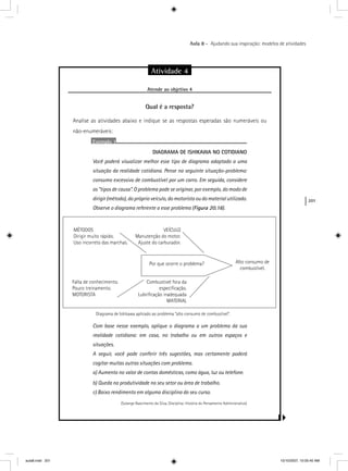 201
Aula 8 – Ajudando sua inspiração: modelos de atividades
Atividade 4
Atende ao objetivo 4j
Qual é a resposta?
Analise as atividades abaixo e indique se as respostas esperadas são numeráveis ou
não-enumeráveis:
Exemplo 1
DIAGRAMA DE ISHIKAWA NO COTIDIANO
Você poderá visualizar melhor esse tipo de diagrama adaptado a uma
situação da realidade cotidiana. Pense na seguinte situação-problema:
consumo excessivo de combustível por um carro. Em seguida, considere
os “tipos de causa”. O problema pode se originar, por exemplo, do modo de
dirigir (método), do próprio veículo, do motorista ou do material utilizado.
Observe o diagrama referente a esse problema (Figura 20.16(( ).6
Com base nesse exemplo, aplique o diagrama a um problema da sua
realidade cotidiana: em casa, no trabalho ou em outros espaços e
situações.
A seguir, você pode conferir três sugestões, mas certamente poderá
cogitar muitas outras situações com problema.
a) Aumento no valor de contas domésticas, como água, luz ou telefone.
b) Queda na produtividade no seu setor ou área de trabalho.
c) Baixo rendimento em alguma disciplina do seu curso.
(Solange Nascimento da Silva, Disciplina: História do Pensamento Administrativo)
Por que ocorre o problema?
MÉTODOS
Dirigir muito rápido.
Uso incorreto das marchas.
Falta de conhecimento.
Pouco treinamento.
MOTORISTA
Combustível fora da
especiﬁcação.
Lubriﬁcação inadequada
MATERIAL
Alto consumo de
combustível.
VEÍCULO
Manutenção do motor.
Ajuste do carburador.
Diagrama de Ishikawa aplicado ao problema “alto consumo de combustível”.
aula8.indd 201 10/10/2007, 10:05:40 AM
 