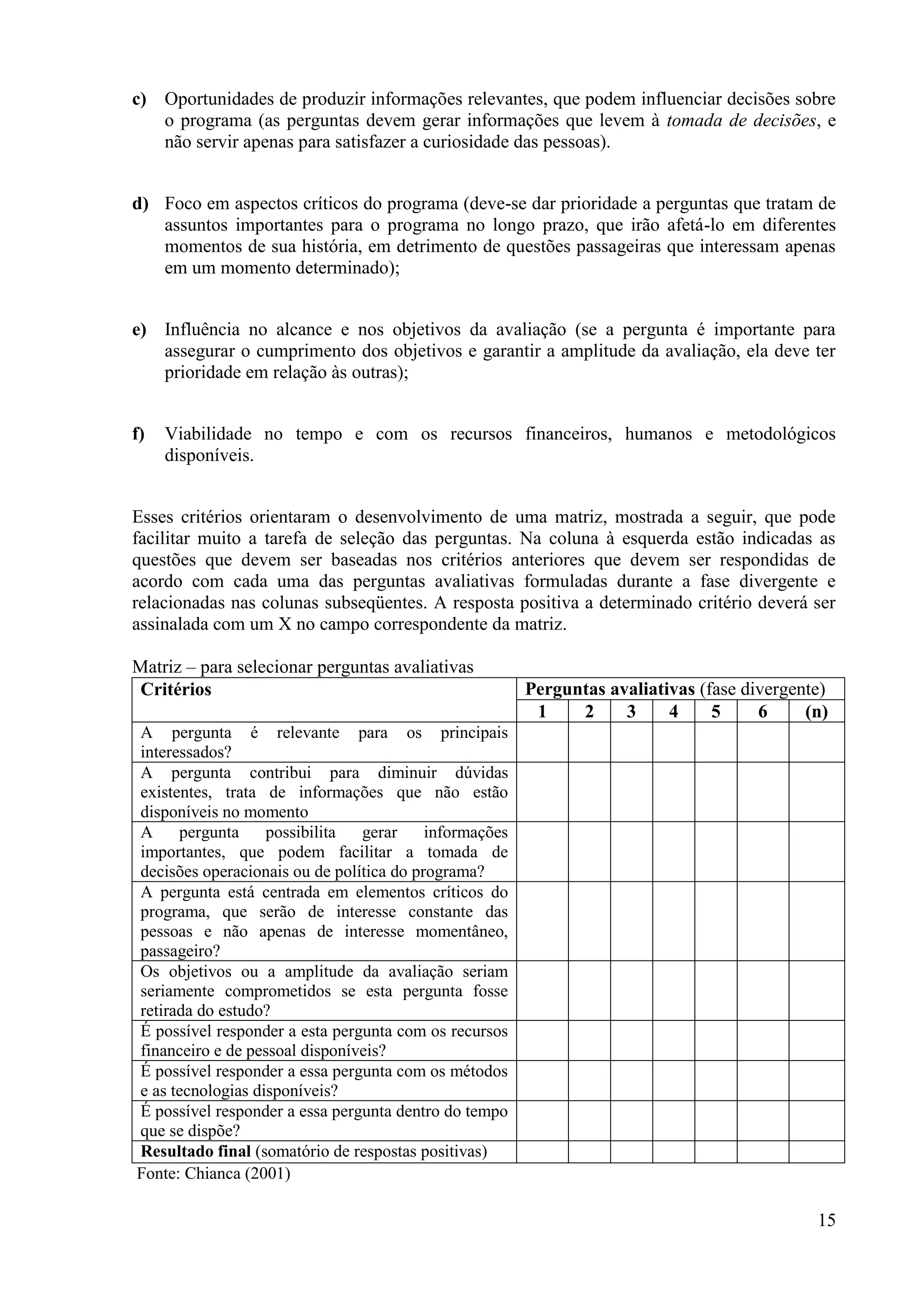 15
c) Oportunidades de produzir informações relevantes, que podem influenciar decisões sobre
o programa (as perguntas devem gerar informações que levem à tomada de decisões, e
não servir apenas para satisfazer a curiosidade das pessoas).
d) Foco em aspectos críticos do programa (deve-se dar prioridade a perguntas que tratam de
assuntos importantes para o programa no longo prazo, que irão afetá-lo em diferentes
momentos de sua história, em detrimento de questões passageiras que interessam apenas
em um momento determinado);
e) Influência no alcance e nos objetivos da avaliação (se a pergunta é importante para
assegurar o cumprimento dos objetivos e garantir a amplitude da avaliação, ela deve ter
prioridade em relação às outras);
f) Viabilidade no tempo e com os recursos financeiros, humanos e metodológicos
disponíveis.
Esses critérios orientaram o desenvolvimento de uma matriz, mostrada a seguir, que pode
facilitar muito a tarefa de seleção das perguntas. Na coluna à esquerda estão indicadas as
questões que devem ser baseadas nos critérios anteriores que devem ser respondidas de
acordo com cada uma das perguntas avaliativas formuladas durante a fase divergente e
relacionadas nas colunas subseqüentes. A resposta positiva a determinado critério deverá ser
assinalada com um X no campo correspondente da matriz.
Matriz – para selecionar perguntas avaliativas
Critérios Perguntas avaliativas (fase divergente)
1 2 3 4 5 6 (n)
A pergunta é relevante para os principais
interessados?
A pergunta contribui para diminuir dúvidas
existentes, trata de informações que não estão
disponíveis no momento
A pergunta possibilita gerar informações
importantes, que podem facilitar a tomada de
decisões operacionais ou de política do programa?
A pergunta está centrada em elementos críticos do
programa, que serão de interesse constante das
pessoas e não apenas de interesse momentâneo,
passageiro?
Os objetivos ou a amplitude da avaliação seriam
seriamente comprometidos se esta pergunta fosse
retirada do estudo?
É possível responder a esta pergunta com os recursos
financeiro e de pessoal disponíveis?
É possível responder a essa pergunta com os métodos
e as tecnologias disponíveis?
É possível responder a essa pergunta dentro do tempo
que se dispõe?
Resultado final (somatório de respostas positivas)
Fonte: Chianca (2001)
 