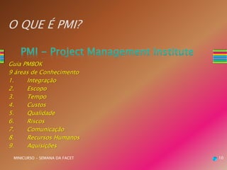 MINICURSO - SEMANA DA FACET 10
O QUE É PMI?
Guia PMBOK
9 áreas de Conhecimento
1. Integração
2. Escopo
3. Tempo
4. Custos
5. Qualidade
6. Riscos
7. Comunicação
8. Recursos Humanos
9. Aquisições
 