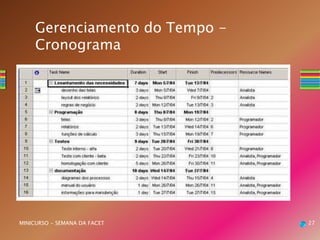 27MINICURSO - SEMANA DA FACET
Gerenciamento do Tempo -
Cronograma
 