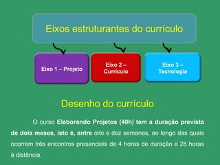 Eixos estruturantes do currículo


                                Eixo 2 –            Eixo 3 –
           Eixo 1 – Projeto     Currículo          Tecnologia




                  Desenho do currículo
        O curso Elaborando Projetos (40h) tem a duração prevista
de dois meses, isto é, entre oito e dez semanas, ao longo das quais
ocorrem três encontros presenciais de 4 horas de duração e 28 horas
à distância.
 