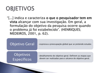 “[...] indica e caracteriza o que o pesquisador tem em
  vista alcançar com sua investigação. Em geral, a
  formulação do objetivo da pesquisa ocorre quando
  o problema já foi estabelecido”. (HENRIQUES;
  MEDEIROS, 2001, p. 62).


 Objetivo Geral    •expressa a preocupação global que se pretende estudar.




    Objetivos      •detalhamento do objetivo geral. Definem as etapas que

   Específicos      devem ser realizadas para o alcance do objetivo geral.
 