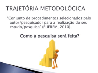“Conjunto de procedimentos selecionados pelo
  autor/pesquisador para a realização do seu
  estudo/pesquisa” (BUFREM, 2010).

      Como a pesquisa será feita?
 