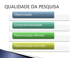 Objetividade


Compreensibilidade


Padronização (forma)


Padronização (escrita)
 