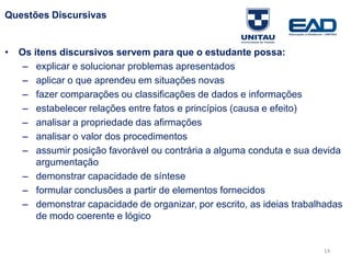 14
Questões Discursivas
• Os itens discursivos servem para que o estudante possa:
– explicar e solucionar problemas apresentados
– aplicar o que aprendeu em situações novas
– fazer comparações ou classificações de dados e informações
– estabelecer relações entre fatos e princípios (causa e efeito)
– analisar a propriedade das afirmações
– analisar o valor dos procedimentos
– assumir posição favorável ou contrária a alguma conduta e sua devida
argumentação
– demonstrar capacidade de síntese
– formular conclusões a partir de elementos fornecidos
– demonstrar capacidade de organizar, por escrito, as ideias trabalhadas
de modo coerente e lógico
Fonte: Gitman
 