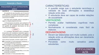 Interpretativa com conhecimento
prévio
Asserção x Razão
CARACTERÍSTICAS:
 A questão exige que o estudante reconheça a
validade de duas afirmações e estabeleça
relação entre elas.
 O estudante deve ser capaz de avaliar relações
de causalidade
VANTAGENS:
 Permite avaliar habilidades cognitivas mais
complexas
 Normalmente é considerada mais fácil de
elaborar.
DESVANTAGENS
 Devem ser elaboradas com muito cuidado, pois a
relação entre as afirmações deve ser claramente
estabelecida
 Percebida como muito cansativa pelos
estudantes.
1
2
DIFICULDADE:
ALTA
 