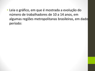 •Leia o gráfico, em que é mostrada a evolução do número de trabalhadores de 10 a 14 anos, em algumas regiões metropolitanas brasileiras, em dado período:  