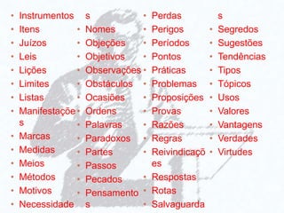 • Instrumentos
• Itens
• Juízos
• Leis
• Lições
• Limites
• Listas
• Manifestaçõe
s
• Marcas
• Medidas
• Meios
• Métodos
• Motivos
• Necessidade
s
• Nomes
• Objeções
• Objetivos
• Observações
• Obstáculos
• Ocasiões
• Ordens
• Palavras
• Paradoxos
• Partes
• Passos
• Pecados
• Pensamento
s
• Perdas
• Perigos
• Períodos
• Pontos
• Práticas
• Problemas
• Proposições
• Provas
• Razões
• Regras
• Reivindicaçõ
es
• Respostas
• Rotas
• Salvaguarda
s
• Segredos
• Sugestões
• Tendências
• Tipos
• Tópicos
• Usos
• Valores
• Vantagens
• Verdades
• Virtudes
 