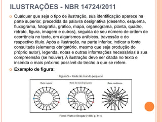 ILUSTRAÇÕES - NBR 14724/2011
 Qualquer que seja o tipo de ilustração, sua identificação aparece na
parte superior, precedida da palavra designativa (desenho, esquema,
fluxograma, fotografia, gráfico, mapa, organograma, planta, quadro,
retrato, figura, imagem e outros), seguida de seu número de ordem de
ocorrência no texto, em algarismos arábicos, travessão e do
respectivo título. Após a ilustração, na parte inferior, indicar a fonte
consultada (elemento obrigatório, mesmo que seja produção do
próprio autor), legenda, notas e outras informações necessárias à sua
compreensão (se houver). A ilustração deve ser citada no texto e
inserida o mais próximo possível do trecho a que se refere.
 Exemplo de figura:
 