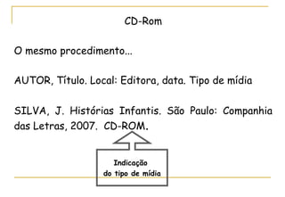 CD-Rom
O mesmo procedimento...
AUTOR, Título. Local: Editora, data. Tipo de mídia
SILVA, J. Histórias Infantis. São Paulo: Companhia
das Letras, 2007.  CD-ROM.
Indicação
do tipo de mídia

 