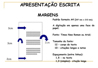 APRESENTAÇÃO ESCRITA
MARGENS
Padrão formato A4 (297

A digitação em apenas uma face do
papel;

3cm
XXXXXXXXXXXXX
XXXXXXXXXXXXX
XXXXXXXXXXXXX.

3cm

XXXXXXXXXXXXX
XXXXXXXXXXXXX
XXXXXXXXXXXXX.
XXXXXXXXXXXXX
XXXXXXXXXXXXX
XXXXXXXXXXXXX
XXXXXXXXXX.

2cm

mm x 210 mm);

Fonte: Times New Roman ou Arial;

2cm

Tamanho da fonte:
12 – corpo do texto
10 – citações longas e notas
Espaçamento (entre linhas):
1,5 - no texto
1,0 (simples)- citação longa

 