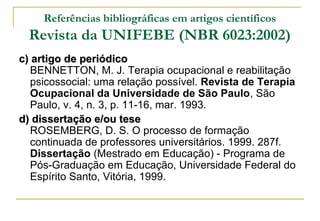 Referências bibliográficas em artigos científicos

Revista da UNIFEBE (NBR 6023:2002)
c) artigo de periódico
BENNETTON, M. J. Terapia ocupacional e reabilitação
psicossocial: uma relação possível. Revista de Terapia
Ocupacional da Universidade de São Paulo, São
Paulo, v. 4, n. 3, p. 11-16, mar. 1993.
d) dissertação e/ou tese
ROSEMBERG, D. S. O processo de formação
continuada de professores universitários. 1999. 287f.
Dissertação (Mestrado em Educação) - Programa de
Pós-Graduação em Educação, Universidade Federal do
Espírito Santo, Vitória, 1999.

 