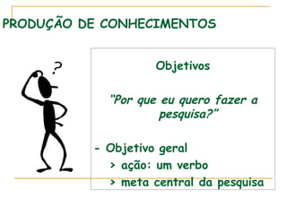 PRODUÇÃO DE CONHECIMENTOS
Objetivos

“Por que eu quero fazer a
pesquisa?”
- Objetivo geral
> ação: um verbo
> meta central da pesquisa

 