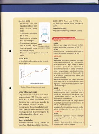 PROCEDIMENTO                                                                ENGENHOCAS, Pedro         das (2011). Ciên-
1, Encheu-se          a tina      com                                       cio paro todos, Cidade Velha: Editora dos
  água destilada até dois                                                   Livros,
  terços da sua capaci-                                                     Sites consultados:
  dade,                                                                     http://pt,wi ki pedia,org, acedido a... (doto).
2. Colocou-se         o termóme-
  tro na tina.
3. Registou-se a tempera-
                                               j
  tura inicial da água.                        't                           exgí.{Plo   1

4. Colocou-se        a   tina sobre o                                       Errado
                                            Figura       1
                                                                            Observei que a água só entrou em ebulição
  bico de Bunsen ê dQUê:                    Montagem utilizada
                                            para aquecer a água.
                                                                            quando se atingiu a temperatura de 100 "C.
  ceu-se a água até entrar
                                                                            Correto
  em ebulição (Fie, 1),
                                                                            Observou-se que a água só entrou em ebulição
5, 0bservaram-se e registaram-se os resul-                                  quando se atingiu a temperatura de 100 "C.
  tados,
                                                                            EXEMPLO Z
RESULTADOS                                                                  Errado
                                                                            Resultados: Verificámos que a água entrou em
0s resultados observados estão                               resumi-
                                                                            ebulição à temperatura de 100 oC, que é a tem-
dos no gráfico 1.
                                                                            peratura normal de a água passar do estado
           t'
                                                                     ,"''
                                                                            líquido para o gasoso. 0u seja, a mudança de
           :                                                       **i.
                                                                  'Las      estado físico depende de fatores ambientais,
   C.
   e-                                                        -"
                                   Ebulicão         *'                      como a temperatura e a pressão atmosférica,
   § tOO                       -----:^::*
   ="{
   E in
                                                                            que nesta experiência era de 1 atm. Antes de
   il"'               -r'                                                   se ter atingido esta temperatura, a água não
   Ê L)
     ,.        ---'o-Líquido
   d
   F:                                                                       entrou em ebuliÇão.
          0i                                                                Conclusão: Concluímos que a água entrou em
        -25t                                                                ebulição aos 100 oC. Foi uma experiência muito
                            Tempo de aquecimento                            engraçada e assim ficámos a saber mais sobre
                                                                             a ebulição da água.
    GráÍico     1   Curva de aquecimento da água.
                                                                             Correto
                                                                             lntrodução: A mudança de estado físico da
DISCUSSÃO/CONCLUSÃO                                                          água depende de fatores ambientais, como a
A água entrou em ebulição quando a tem-                                      pressão e a tempeÍatura, À pressão de I atm,
                                                                             a água entra em ebulição a 1 00 'C e passa do
peratura atingiu 100 "C. Assim, os prin-
                                                                             estado líquido para o gasoso,
cípios teóricos foram comprovados, con-
                                                                             Resultados: Verificou-se que a água entrou
cluindo-se que o ponto de ebulição da                                        em ebulição quando atingiu a temperatura de
água à pressão de 1 atm é de 1 00 "C,                                        100 "C, à pressão de 1 atm,
Como proposta de continuação da investi-                                     Conclusão: Confirmou-se que o ponto de ebu-
gação, sugere-se a realização de uma expe-                                   lição da água à pressão de 1 atm é de 1 00   "C.

riência que permita determinar o ponto de                                    EXÉMPLO 3
fusão da água à pressão de 1 atm.                                            Errado
                                                                             Fizemos esta experiência para ver a ebulição
BIBLIOGRAFIA                                                                 da água e gostámos muito de a fazer.
0bras consultadas:                                                           Correto
ALQUIMISTA, Manuel (201 1 ). Experiências                                    0 objetivo desta experiência foi determinar        a
                                                                             temperatura de ebuliÇâo da água.
ci entíf icos, Cidade Nova: Êd itora Científ ica,
 