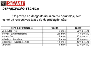 DEPRECIAÇÃO TÉCNICA
Os prazos de desgaste usualmente admitidos, bem
como as respectivas taxas de depreciação, são:
 