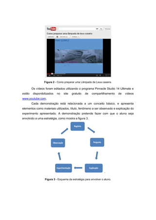Figura 2 - Como preparar uma Lâmpada de Lava caseira.
Os vídeos foram editados utilizando o programa Pinnacle Studio 14 Ultimate e
estão disponibilizados no site gratuito de compartilhamento de vídeos
www.youtube.com.
Cada demonstração está relacionada a um conceito básico, e apresenta
elementos como materiais utilizados, título, fenômeno a ser observado e explicação do
experimento apresentado. A demonstração pretende fazer com que o aluno seja
envolvido a uma estratégia, como mostra a figura 3.
.
Figura 3 - Esquema da estratégia para envolver o aluno.
 