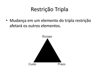 Restrição Tripla 
• Mudança em um elemento do tripla restrição 
afetará os outros elementos. 
 