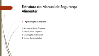 Estrutura do Manual de Segurança
Alimentar
II. Apresentação da Empresa
1. Apresentação da Empresa
2. Descrição da Empresa
3. Localização da Empresa
4. Layout das Instalações
 