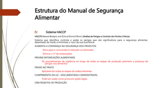 Estrutura do Manual de Segurança
Alimentar
IV. Sistema HACCP
HACCP( Hazard Analysis and Critical Control Point) (Análise de Perigos e Controlo dos Pontos Críticos)
Sistema que identifica, controla e avalia os perigos que são significativos para a segurança alimentar,
desenhado de modo a minimizar o risco da sua ocorrência.
AUMENTA A CONFIANÇA NA SEGURANÇA DOS PRODUTOS
Risco para o consumidor é reduzido ou eliminado
Diminui o nº de reclamações
PREVINE INTOXICAÇÕES ALIMENTARES
Os procedimentos de vigilância ao longo de todas as etapas de produção previnem a presença de
perigos nos alimentos
PRADO AO PRATO
Aplicável em todas as etapas da cadeia alimentar
CUMPRIMENTO DA LEI – DOCUMENTADA E DEMONSTRAVEL
Pode ser usado como prova em ações legais
CRIA REGISTOS DE PRODUÇÃO
 